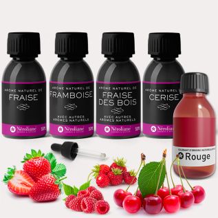 Caja de 4 aromas naturales frutos rojos 50 ml, colorante rojo 30 ml + 1 pipeta de regalo